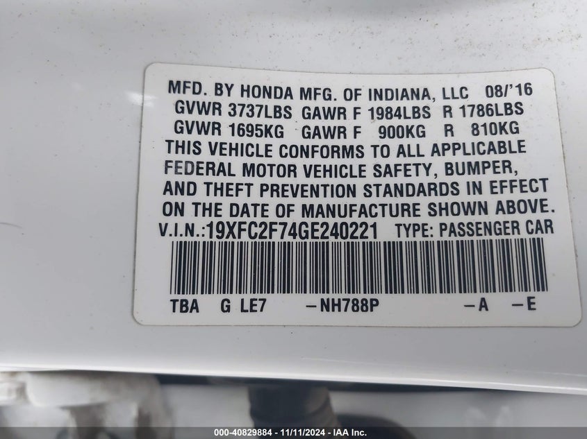 2016 HONDA CIVIC EX - 19XFC2F74GE240221