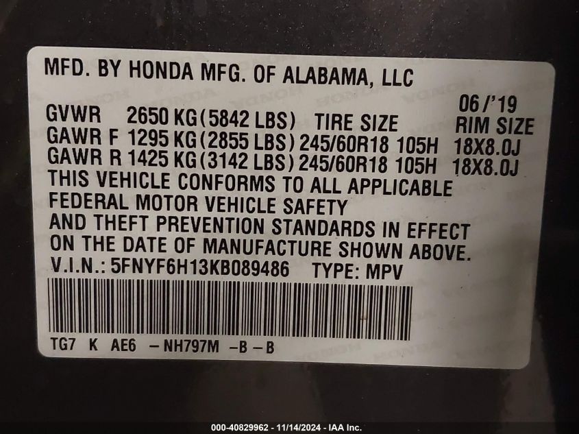 2019 Honda Pilot Lx VIN: 5FNYF6H13KB089486 Lot: 40829962