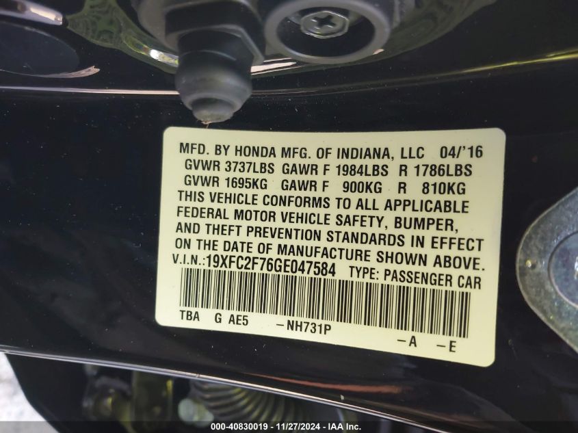 VIN 19XFC2F76GE047584 2016 HONDA CIVIC no.9