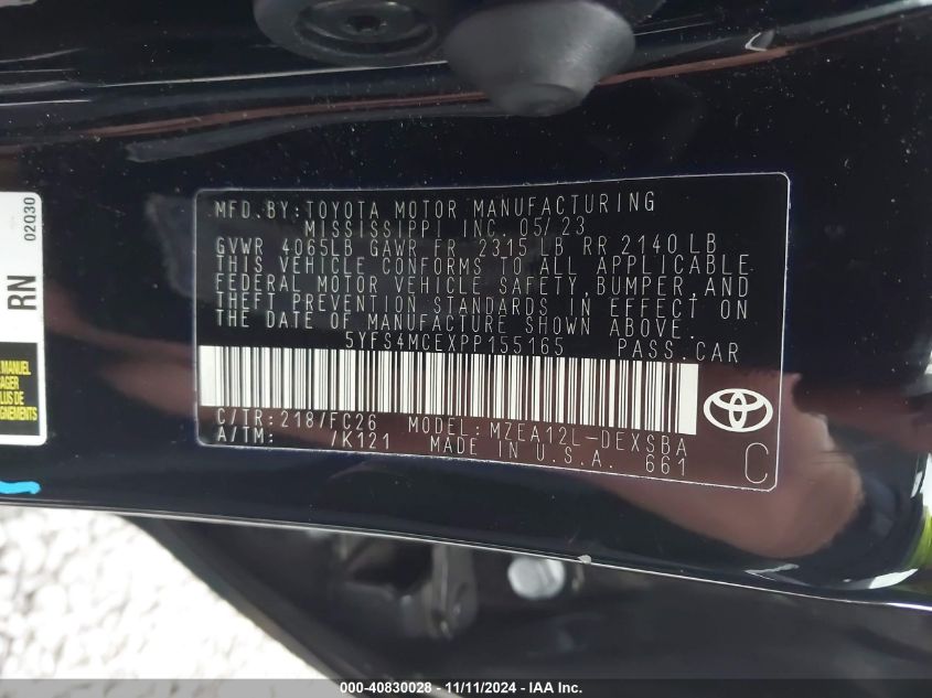 2023 Toyota Corolla Se VIN: 5YFS4MCEXPP155165 Lot: 40830028