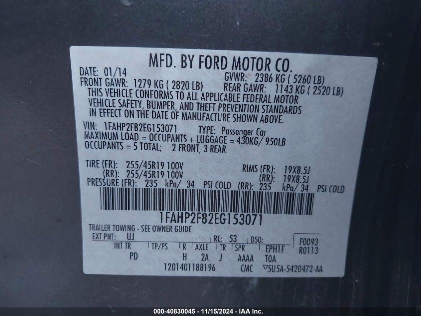 2014 FORD TAURUS VIN: 1FAHP2F82EG153071