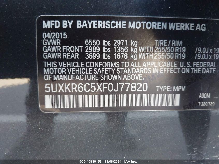 VIN 5UXKR6C5XF0J77820 2015 BMW X5, Xdrive50I no.9