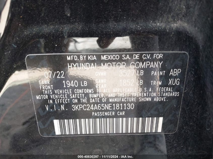 VIN 3KPC24A65NE181130 2022 Hyundai Accent, SE no.9