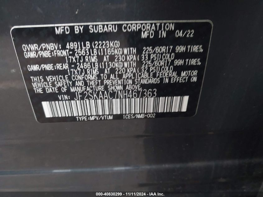 2022 Subaru Forester VIN: JF2SKAAC7NH467363 Lot: 40830299