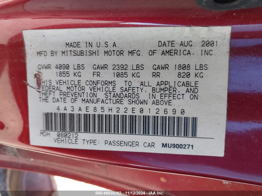2002 Mitsubishi Eclipse Spyder Gt VIN: 4A3AE85H22E012690 Lot: 40830352