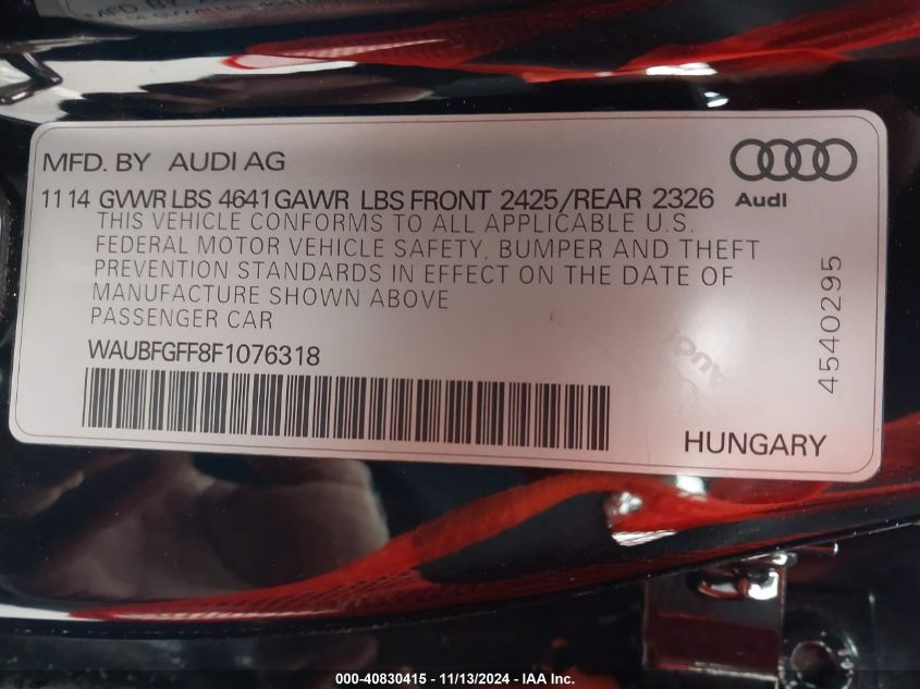 2015 Audi S3 2.0T Premium Plus VIN: WAUBFGFF8F1076318 Lot: 40830415