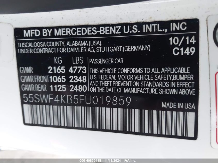 2015 Mercedes-Benz C 300 4Matic/Luxury 4Matic/Sport 4Matic VIN: 55SWF4KB5FU019859 Lot: 40830418