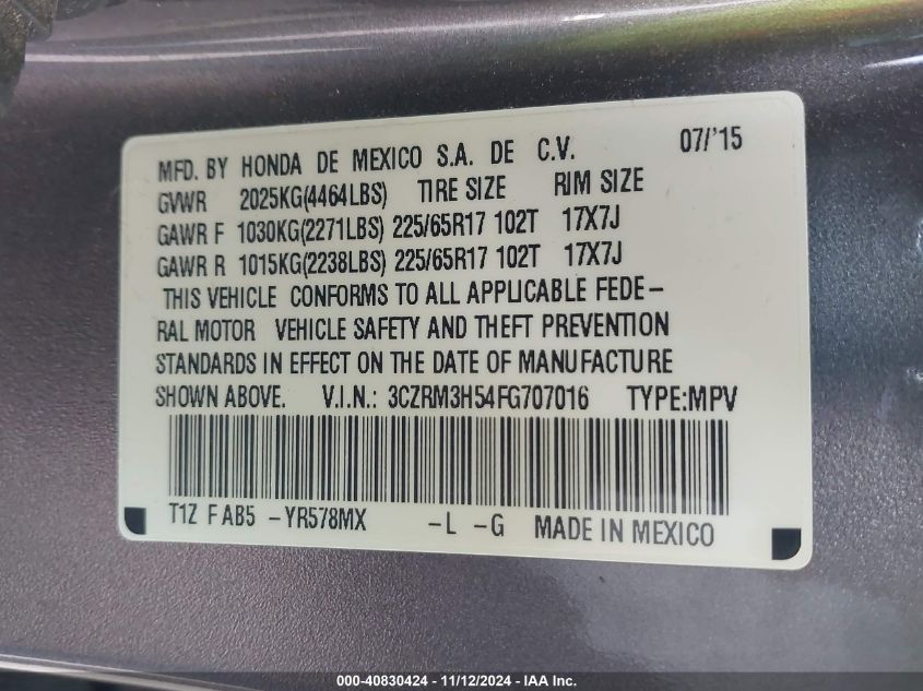 VIN 3CZRM3H54FG707016 2015 Honda CR-V, EX no.9