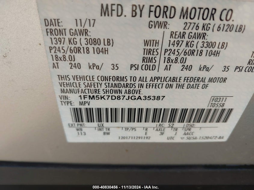 VIN 1FM5K7D87JGA35387 2018 FORD EXPLORER XLT