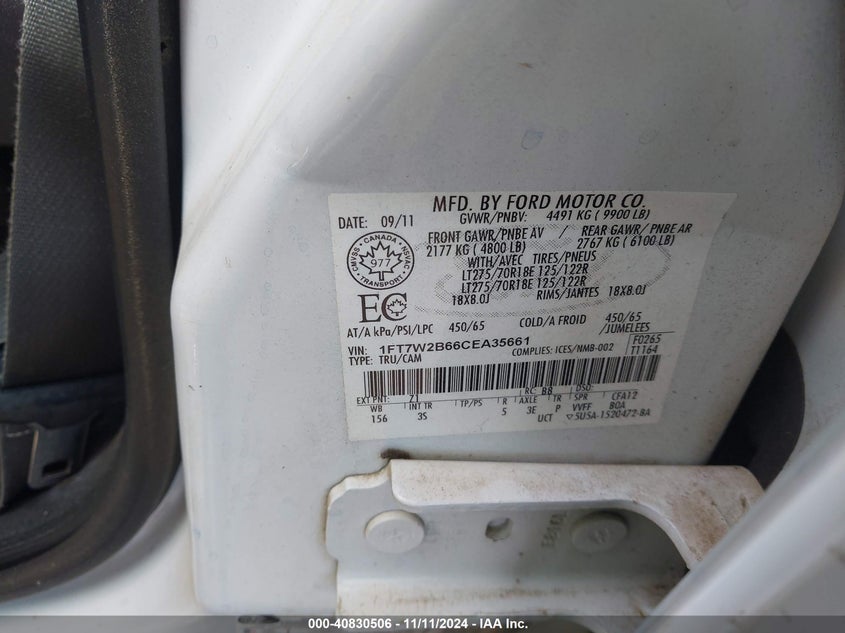 2012 FORD F250 VIN: 1FT7W2B66CEA35661