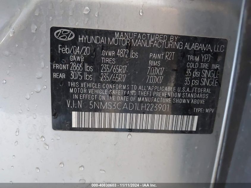 2020 Hyundai Santa Fe Sel VIN: 5NMS3CAD1LH223901 Lot: 40830603