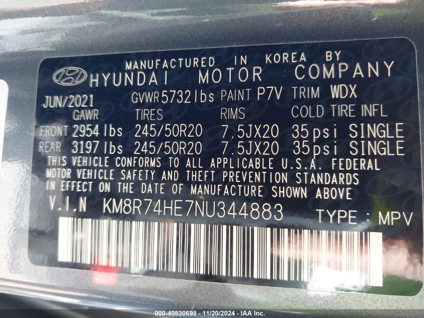 2022 Hyundai Palisade Calligraphy VIN: KM8R74HE7NU344883 Lot: 40830698