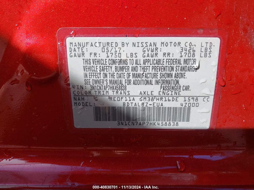 2017 NISSAN VERSA 1.6 SV - 3N1CN7AP7HK458838