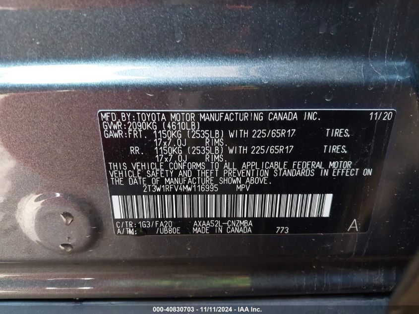 VIN 2T3W1RFV4MW116995 2021 TOYOTA RAV4 no.9