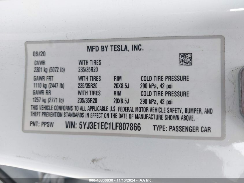 2020 Tesla Model 3 Performance Dual Motor All-Wheel Drive VIN: 5YJ3E1EC1LF807866 Lot: 40830830