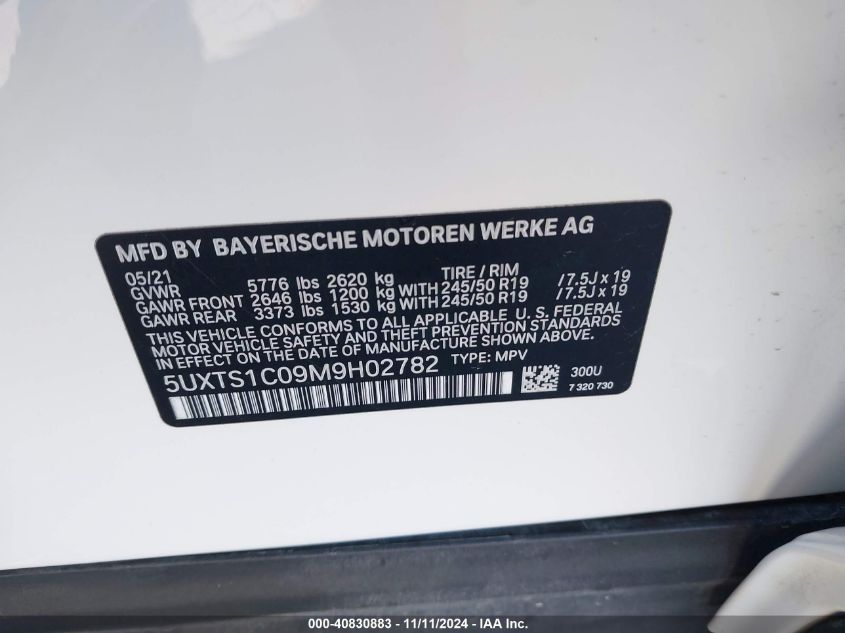 2021 BMW X3 Phev xDrive30E VIN: 5UXTS1C09M9H02782 Lot: 40830883