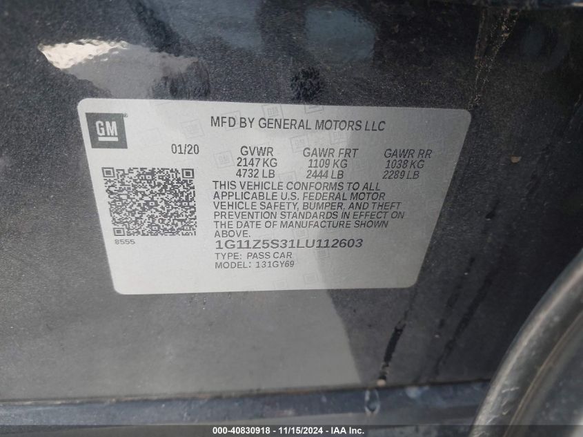 2020 Chevrolet Impala Fwd Lt VIN: 1G11Z5S31LU112603 Lot: 40830918