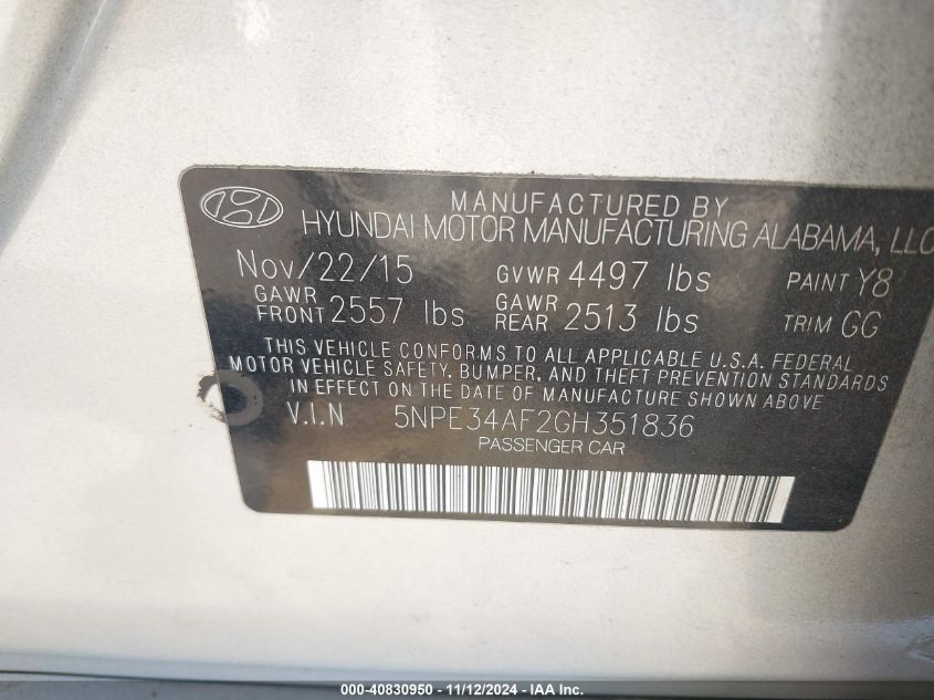 2016 HYUNDAI SONATA LIMITED - 5NPE34AF2GH351836