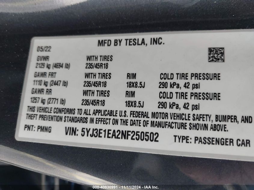 2022 TESLA MODEL 3 REAR-WHEEL DRIVE - 5YJ3E1EA2NF250502