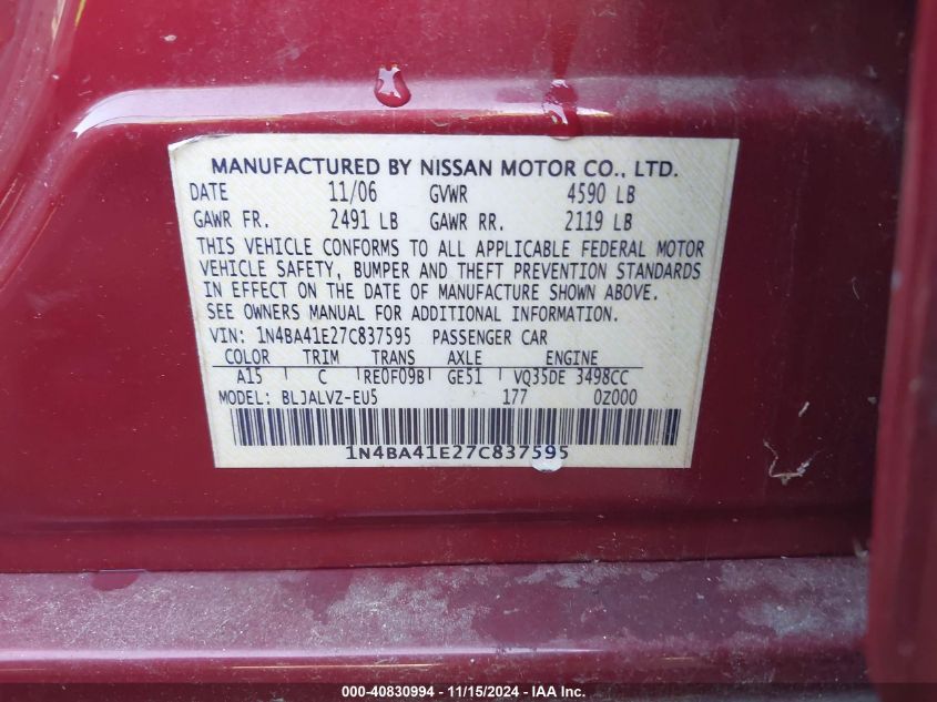 2007 Nissan Maxima 3.5 Se VIN: 1N4BA41E27C837595 Lot: 40830994