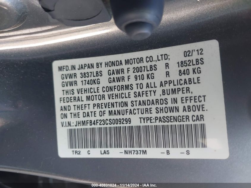 2012 Honda Civic Hybrid VIN: JHMFB4F23CS009299 Lot: 40831024