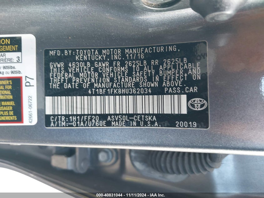 2017 TOYOTA CAMRY VIN: 4T1BF1FK8HU362034