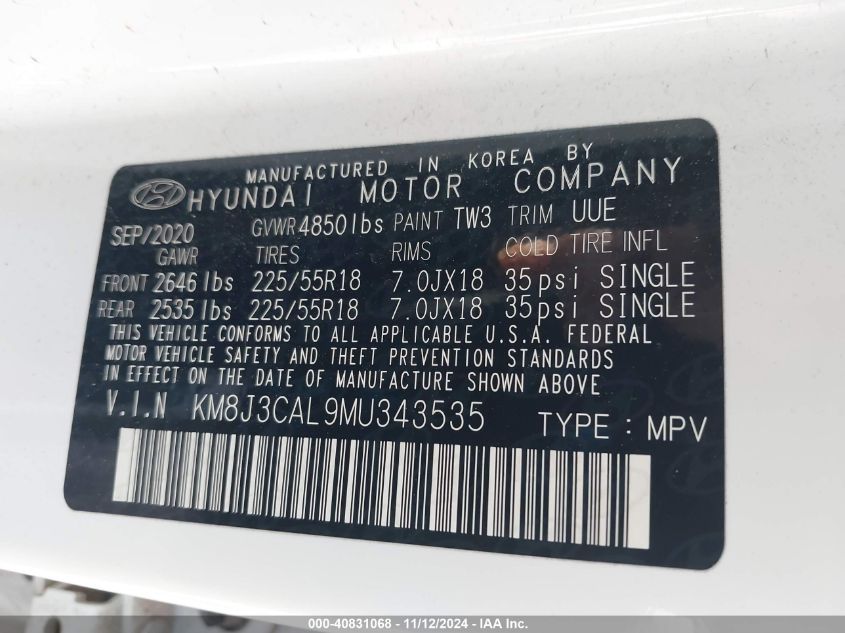 2021 Hyundai Tucson Limited VIN: KM8J3CAL9MU343535 Lot: 40831068