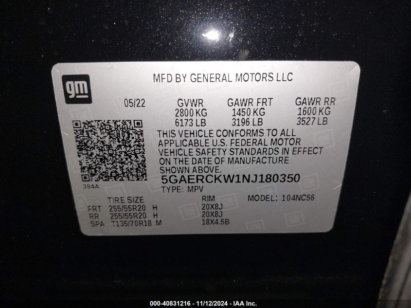 2022 Buick Enclave Fwd Premium VIN: 5GAERCKW1NJ180350 Lot: 40831216