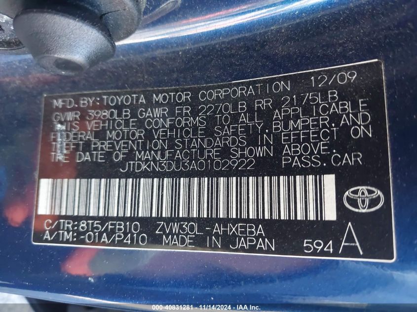 2010 Toyota Prius Ii VIN: JTDKN3DU3A0102922 Lot: 40831281