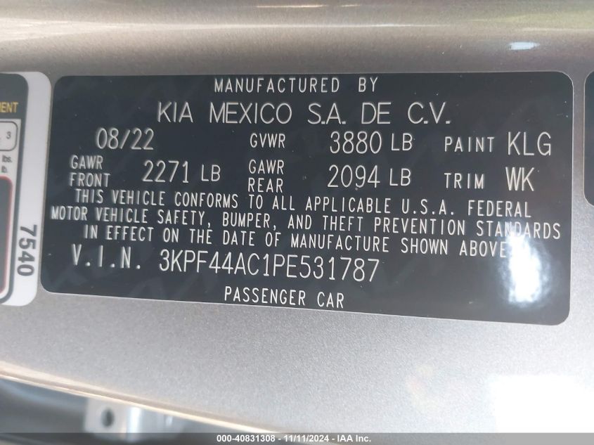 2023 Kia Forte Gt Manual VIN: 3KPF44AC1PE531787 Lot: 40831308