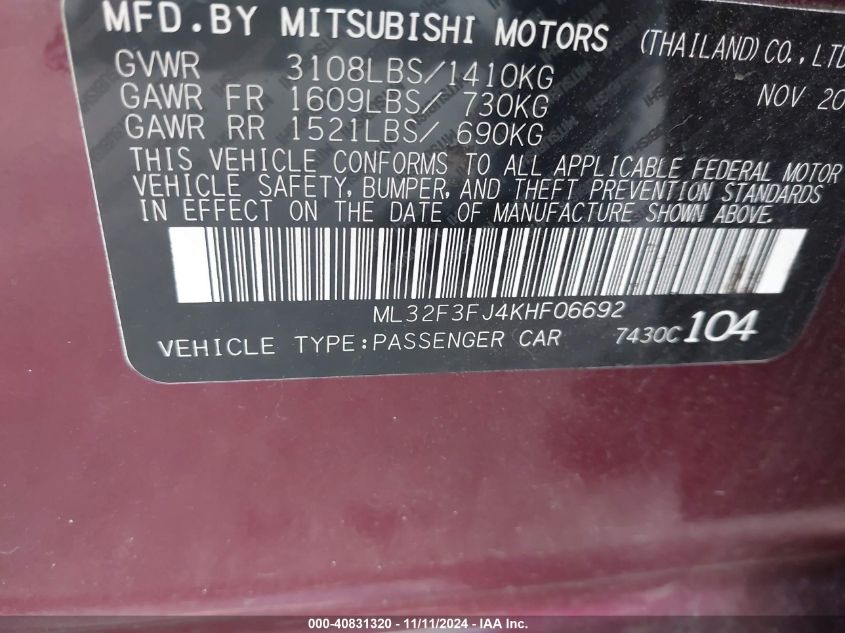 2019 Mitsubishi Mirage G4 Es VIN: ML32F3FJ4KHF06692 Lot: 40831320