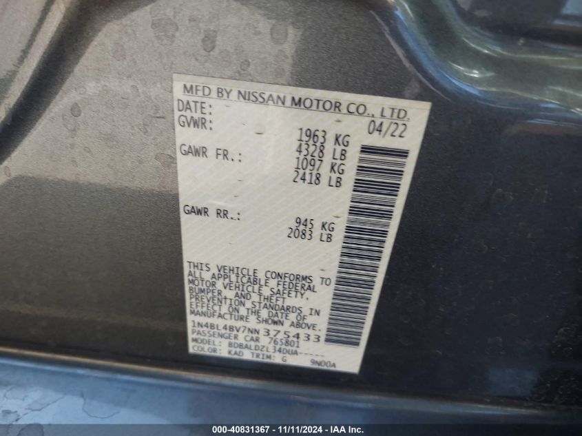 2022 Nissan Altima S Fwd VIN: 1N4BL4BV7NN375433 Lot: 40831367