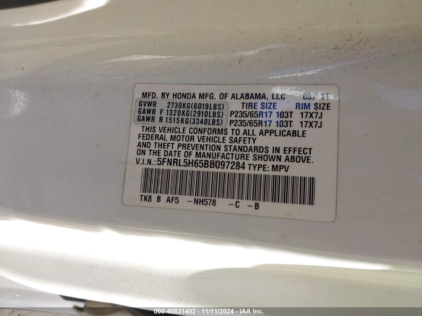 2011 Honda Odyssey Ex-L VIN: 5FNRL5H65BB097284 Lot: 40831402