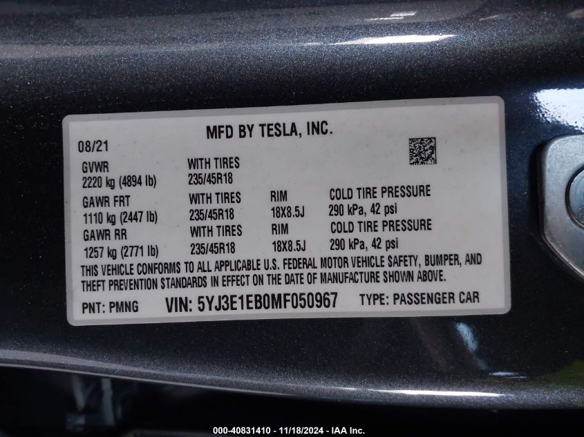 2021 Tesla Model 3 Long Range Dual Motor All-Wheel Drive VIN: 5YJ3E1EB0MF050967 Lot: 40831410