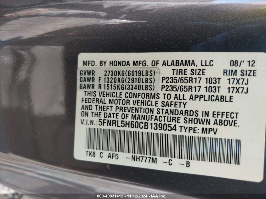 2012 Honda Odyssey Ex-L VIN: 5FNRL5H60CB139054 Lot: 40831412