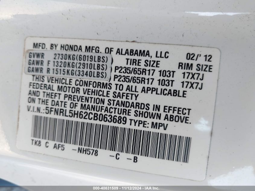 2012 Honda Odyssey Ex-L VIN: 5FNRL5H62CB063689 Lot: 40831509