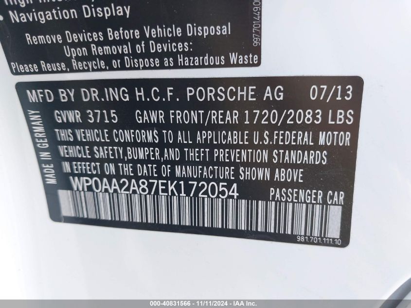 2014 PORSCHE CAYMAN - WP0AA2A87EK172054