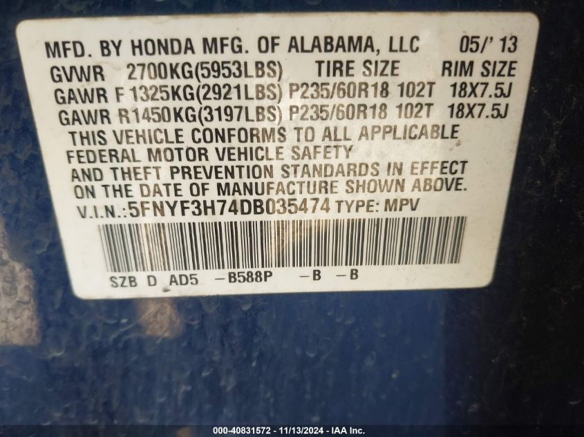 VIN 5FNYF3H74DB035474 2013 Honda Pilot, Ex-L no.9