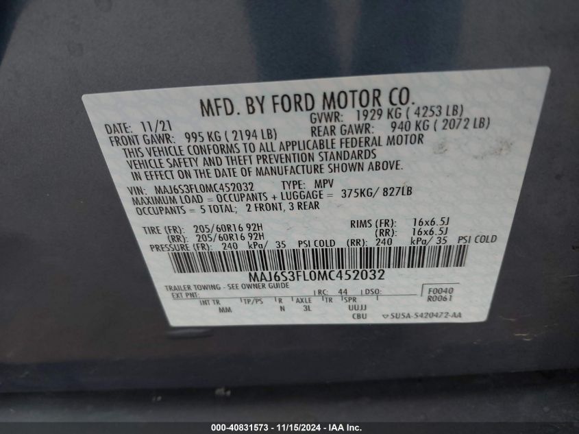 2021 Ford Ecosport S VIN: MAJ6S3FL0MC452032 Lot: 40831573