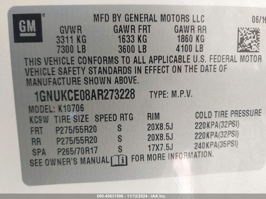 2010 Chevrolet Tahoe Ltz VIN: 1GNUKCE08AR273228 Lot: 40831586