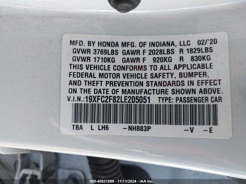 2020 Honda Civic Sport VIN: 19XFC2F82LE205051 Lot: 40831599