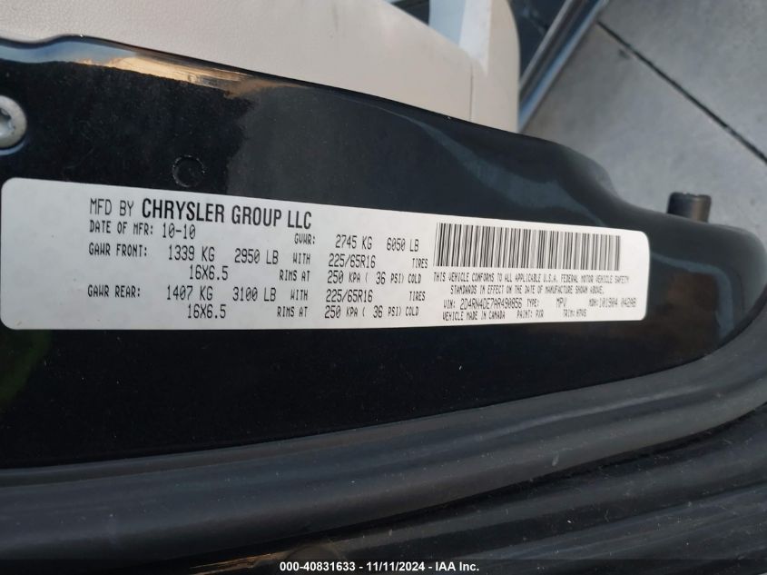 2010 Dodge Grand Caravan Se VIN: 2D4RN4DE7AR490856 Lot: 40831633