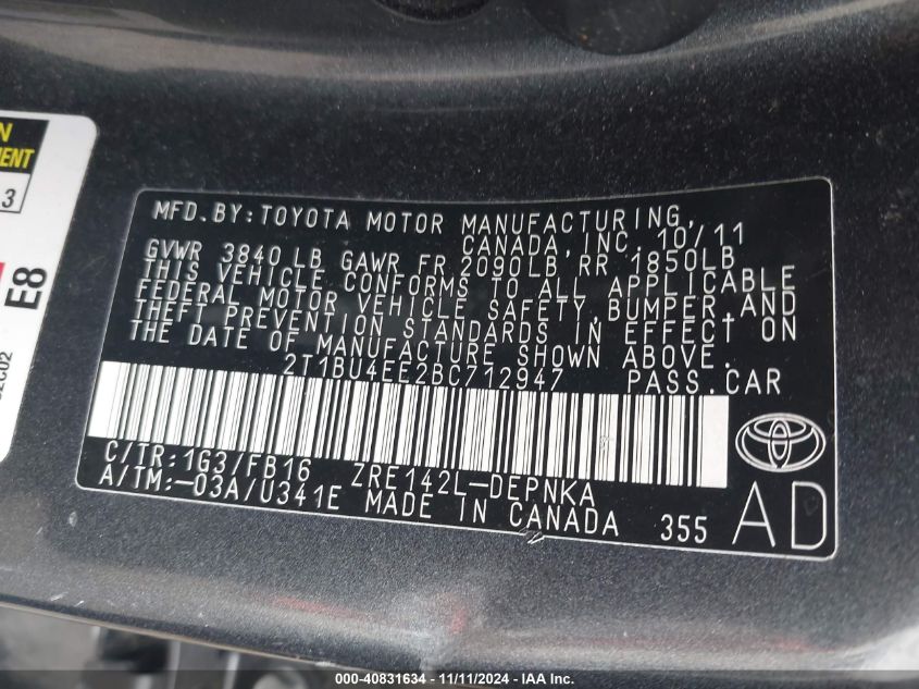 2011 Toyota Corolla Le VIN: 2T1BU4EE2BC712947 Lot: 40831634