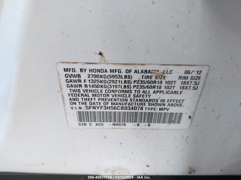 2012 HONDA PILOT VIN: 5FNYF3H56CB034078