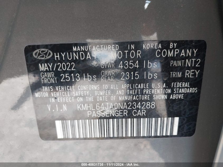 2022 Hyundai Sonata Sel VIN: KMHL64JA0NA234288 Lot: 40831735