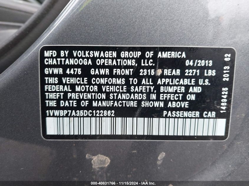 2013 VOLKSWAGEN PASSAT VIN: 1VWBP7A35DC122862