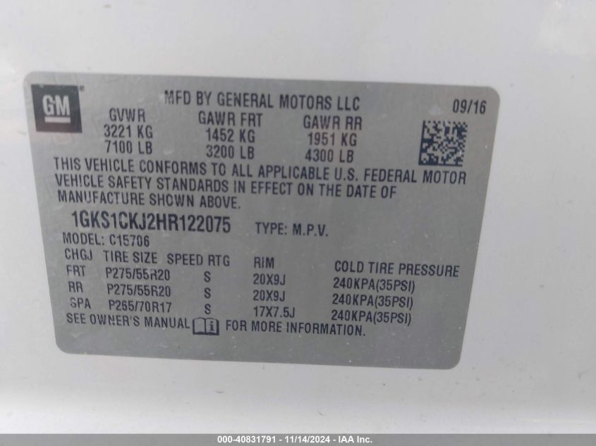 2017 GMC YUKON VIN: 1GKS1CKJ2HR122075
