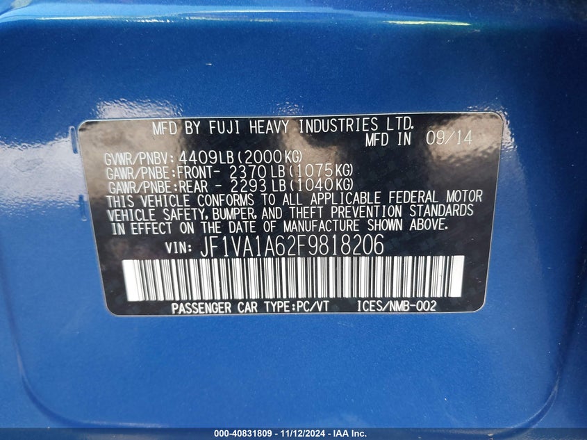 2015 SUBARU WRX VIN: JF1VA1A62F9818206