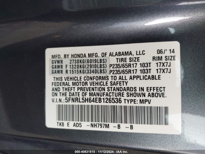 VIN 5FNRL5H64EB126536 2014 Honda Odyssey, Ex-L no.9