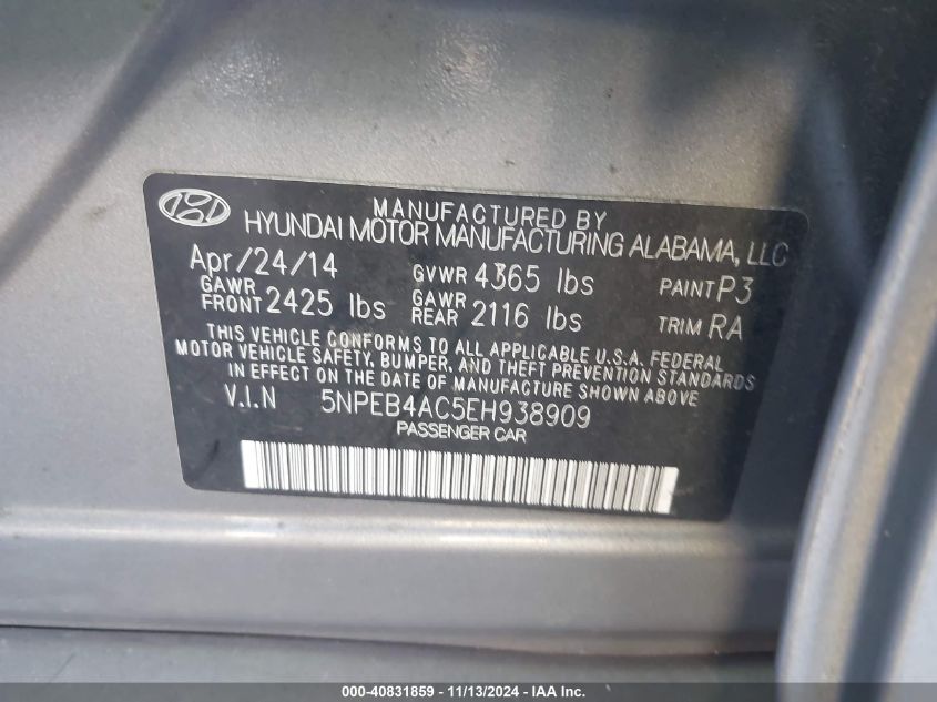 2014 Hyundai Sonata Gls VIN: 5NPEB4AC5EH938909 Lot: 40831859